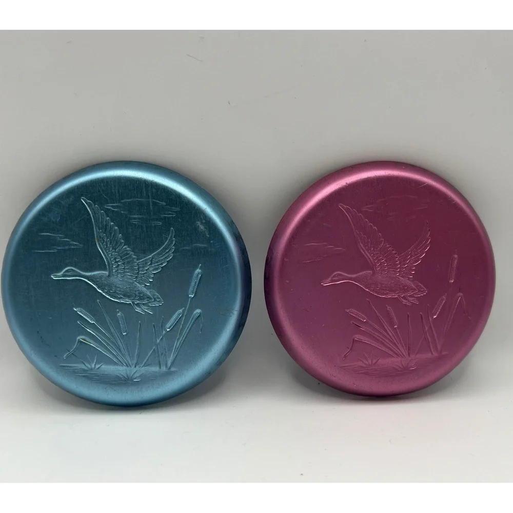 Stanhome Aluminum Duck Coaster Set of 2 Pink Blue 3 inches VTG Cottagecore